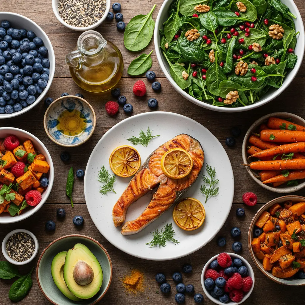 A vibrant, high-quality photograph of a colorful spread of anti-inflammatory foods, such as leafy greens, olive oil, berries, and fatty fish.