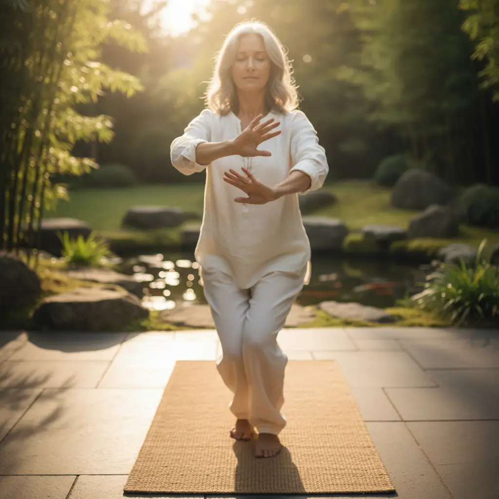 A photograph of a person gently practicing a low-impact activity like yoga or tai chi in a peaceful setting