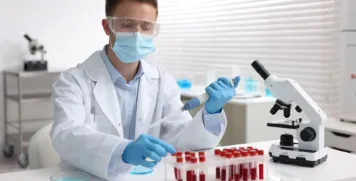 Medical technician using a micropipette to test blood samples in a laboratory setting.