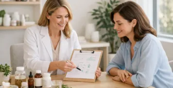 Functional medicine practitioner pointing to test results and a personalized wellness plan on a clipboard during a patient consultation.