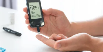 Person holding digital glucose meter showing blood sugar reading of 105 mg/dL