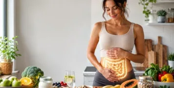Smiling woman standing in a kitchen with a glowing digestive tract graphic, surrounded by fresh fruits, vegetables, and gut-healthy foods.