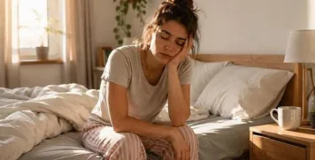 Exhausted woman sitting on the edge of her bed holding her head in the morning, illustrating wakefulness fatigue.